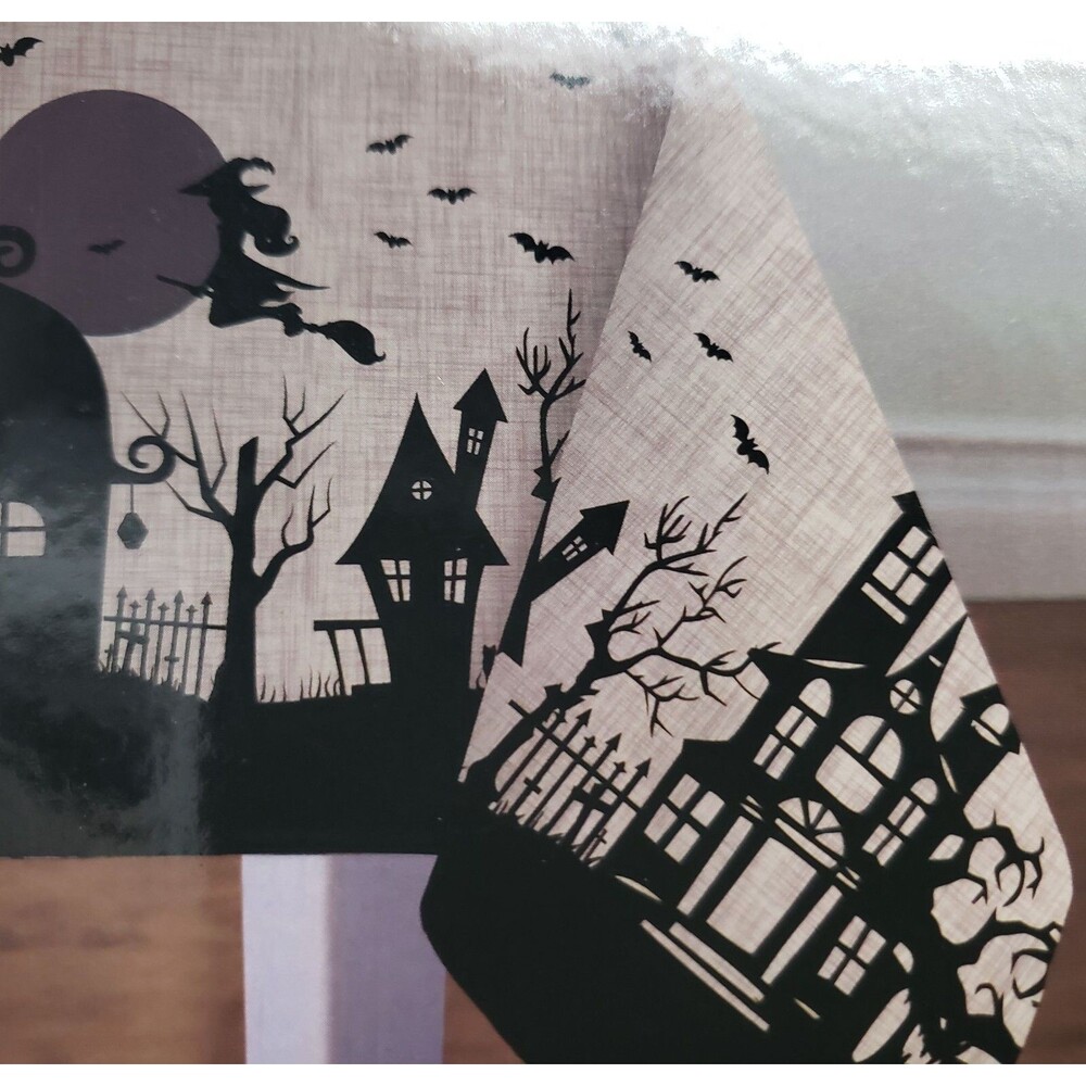 Printed Fabric Tablecloth, 60"x84"Oblong, HALLOWEEN SILHOUTTE,HAUNTED HOUSE, NB